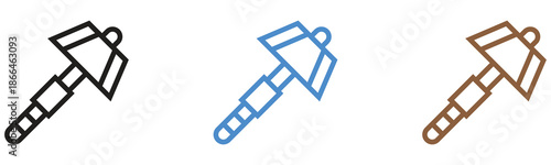 Minimalist outline illustration of a pickaxe or hoe tool in three distinct colors