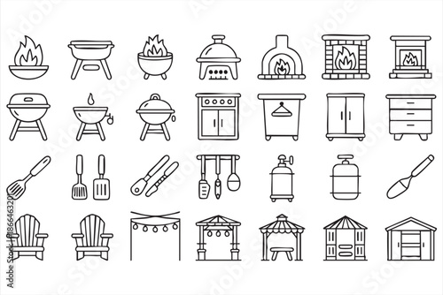 Outdoor Grill and Firepit Line Icons for Backyard and Patio UI