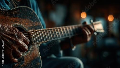 Weathered hands strum a vintage acoustic guitar in a warmly lit, intimate setting
