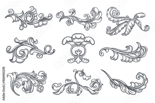 Baroque victorian engraved elements. Swirl floral ornament, vintage decorative objects, graphic design, elegant scrolls motif, monochrome filigree flourishes, splendid vector isolated set