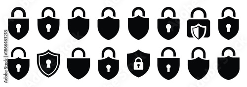 lock shield silhouette icon set