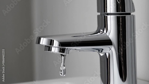 Modern sink faucet showcasing sleek design and water droplet in bright bathroom setting