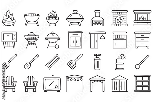 Firepit and Grill Icons for Patio Planning and Home Exterior UI