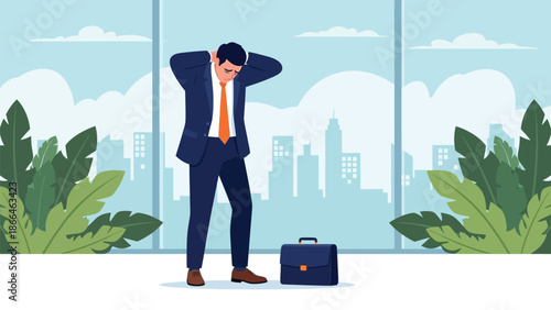 Stressed Businessman Standing in Modern Office Lobby With Briefcase On Floor