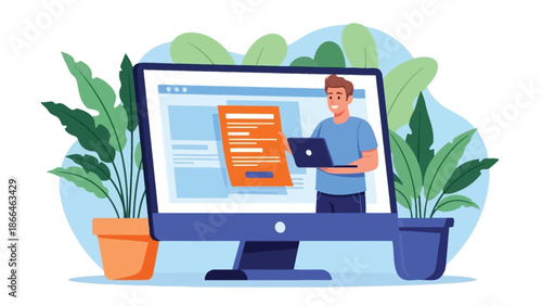 Online Presentation Of Code And Document On A Large Computer Monitor With Green Plants