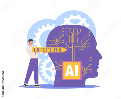 Artificial Intelligence engineer. Programmer enters binary code into self learning program, AI development, machine learning programming and processing, vector cartoon concept
