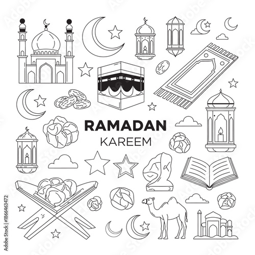 Ramadan kareem islamic symbols and icons illustration