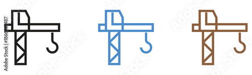 Set of three outline tower crane icons in varying colors representing construction and heavy lifting