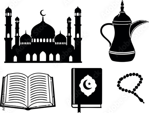 Islamic Mosque Icon Set with Arabic Coffee Pot and Prayer Beads