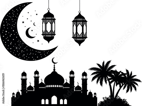 Islamic Mosque Landscape with Crescent Moon and Hanging Lanterns