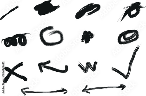 A collection of abstract black brushstroke symbols and letters on a white background