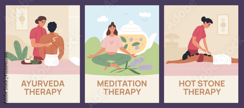 Alternative medicine cards. Ayurveda, meditation and hot stones benefits, non standard methods of recovery, healthy life, calm care and wellness service cartoon flat style garish vector set