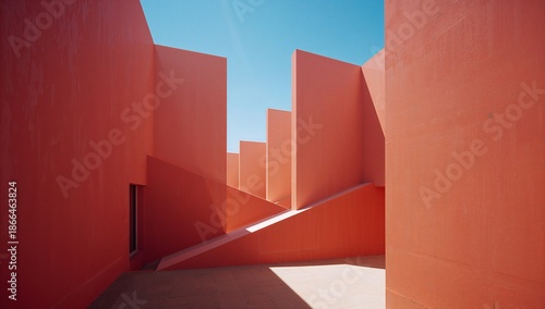 Pink architectural building design with hard edges and blue sky in a wide angle view.