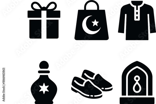 Islamic Shopping and Lifestyle Icons with Clothes Gift and Perfume