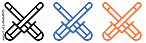 Crossed test tube or cylindrical bar line icon set in black, blue, and orange