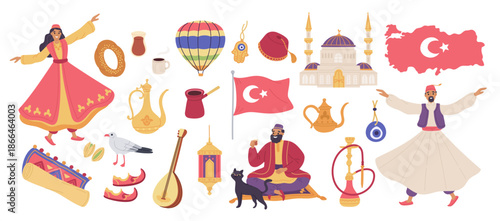 Turkey country traditional elements. Middle east culture symbols and products, national food, clothing and architecture, folk dancers, heritage and traditions garish vector cartoon flat set