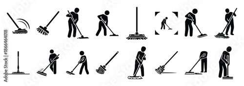 mop cleaning silhouette icon set