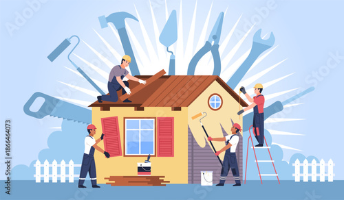 Tiny people building house. Home renovation professional workers in overalls teamwork, walls being painted, windows installed, cartoon flat style isolated tidy vector construction concept