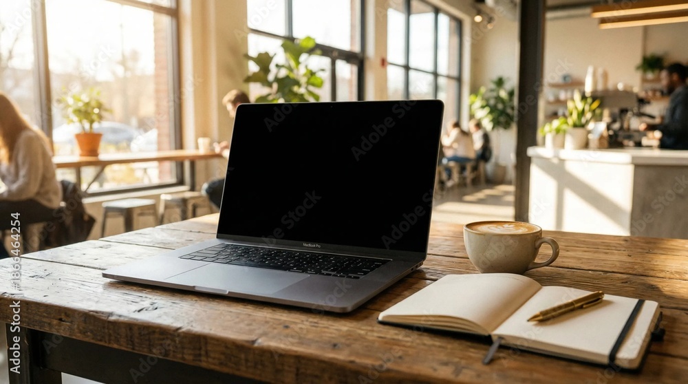 Fototapeta premium Laptop mockup with blank black screen on wooden cafe table for website design presentation