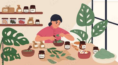 Homeopath works. Herbalist makes natural medicines and cosmetics, green pharmacy, woman crushing leaves in mortar, mixing ingredients with mortar and pestle garish vector cartoon concept
