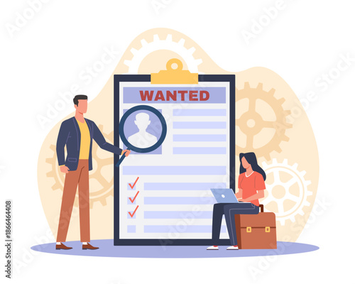 Hiring staff, online recruitment. Employers review applicants electronic resumes, manager read candidate profile, talent wanted, vacancy searching, recruiter agency, cartoon vector concept