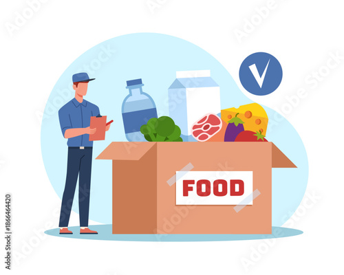Fresh food delivery. Courier marks delivered products in list, worker checking grocery online order, man hold checklist, supermarket service, cartoon flat style isolated vector concept