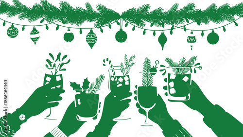 Green silhouette hands holding festive holiday drinks with Christmas decorations