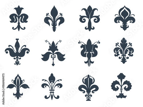 Fleurs de lis icons. Heraldic symbol black silhouettes, heraldry royal sign, french middle ages, stylized lily flower classical ornament, , tattoo design, splendid vector vintage isolated set