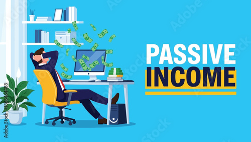 Passive Income Office Scene: Relaxed Entrepreneur At Modern Desk With Money Rain And Books