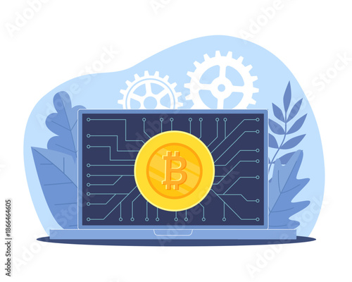 Digital currency. Gold coin with virtual currency icon on laptop screen, decentralized finance, blockchain operation, secure transaction cartoon flat style isolated vector money concept