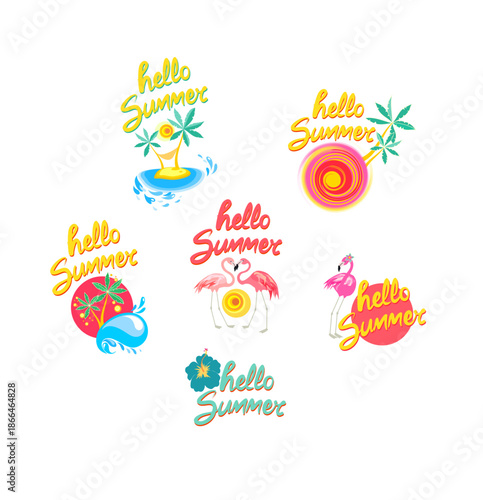 Funny prints set with hello summer lettering for stickers, t shirt, poster, fashion design.eps