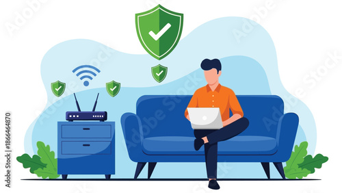 Secure Home Office: Person on Sofa Working Laptop with WiFi Router and Shield Symbols