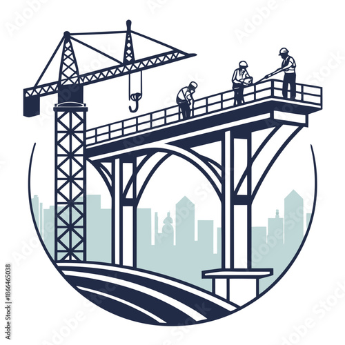 Modern vector art icon of a flyover construction, clean and stylish, symbolizing progress and transportation networks.