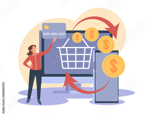 Cashback service. Refund of money, online store, buyer receives part of money from purchase, e-commerce transaction, digital process cartoon flat style isolated vector shopping concept