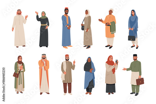 Arabic people. Male and female muslim characters standing, traditional, modern clothes, cultural robes and tunics islamic dress style, middle eastern fashion, cartoon tidy vector set