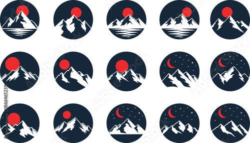 Set of mountain landscape icons with sun and moon