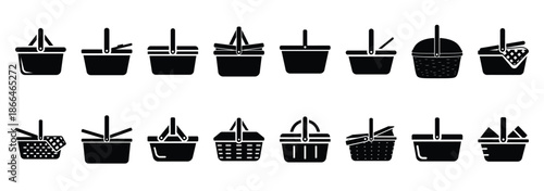 picnic basket silhouette icon set