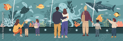 Aquarium visitors. Oceanarium panorama, people watch fish and marine animals, parents with children, couple in love, large glass tank with shark, turtle garish vector cartoon flat concept