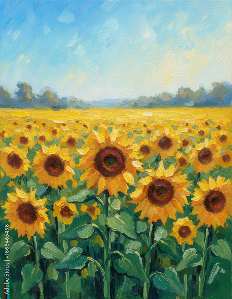 Obraz premium Vibrant field of sunflowers under a brilliant sky, a painted impression of nature's beauty