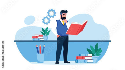 Professional Man Reading a Book in a Modern Office With Books, Plants, and Gears Illustration