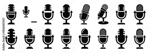 podcast mic silhouette icon set