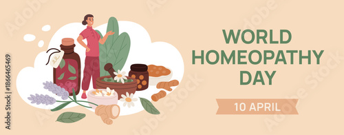 World homeopathy day. Female herbalist, green pharmacy ingredients, natural medicines and cosmetics, berries, roots, cartoon flat garish vector alternative medicine concept
