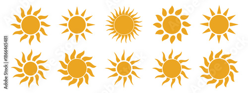Yellow sun icons set featuring sunshine, solar glow, sunrise and sunset illustrations, decorative full and half suns, sunlight symbols, perfect for solar energy graphics, summer design, weather icons,