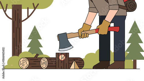 Lumberjack Flat Illustration in the Forest Chopping Wood for Kindling
