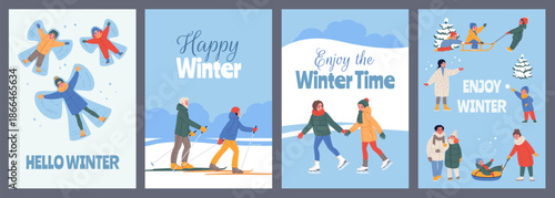 Winter family outdoor fun. Happy people and children make angels in snowdrift, kids skating and skiing, sledding, play snowballs, cards and posters design classy vector cartoon isolated set