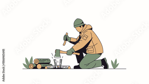 Lumberjack Preparing Firewood With An Axe In A Minimalist Illustration Style