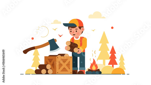 Lumberjack Preparing Firewood In Forest For Campfire In Nature Flat Design