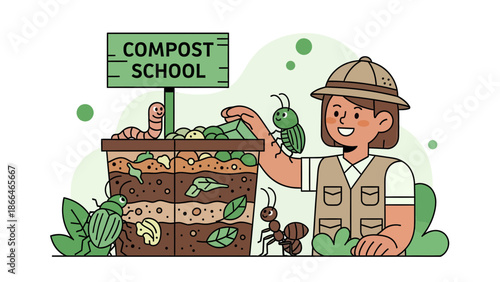 Learning About Composting And Recycling Process With Girl In A School Garden