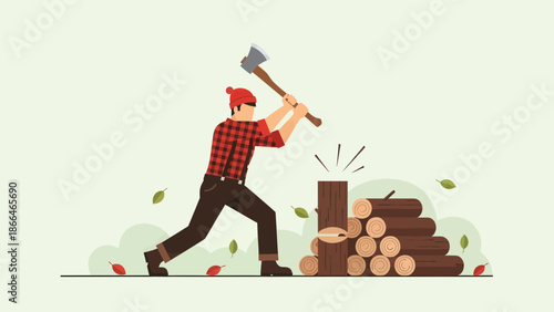 Lumberjack Vector Character Cutting Wood In Nature Environment With Autumn Leaves