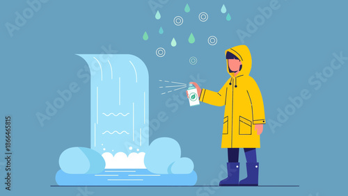 Maintaining Ecological Balance Spraying Natural Liquid Near The Waterfall